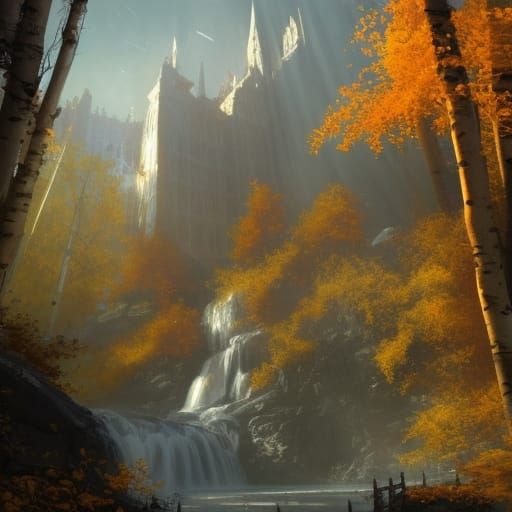 Golden Gothic Marble Waterfalls in Hyperdetailed Fantasy Art