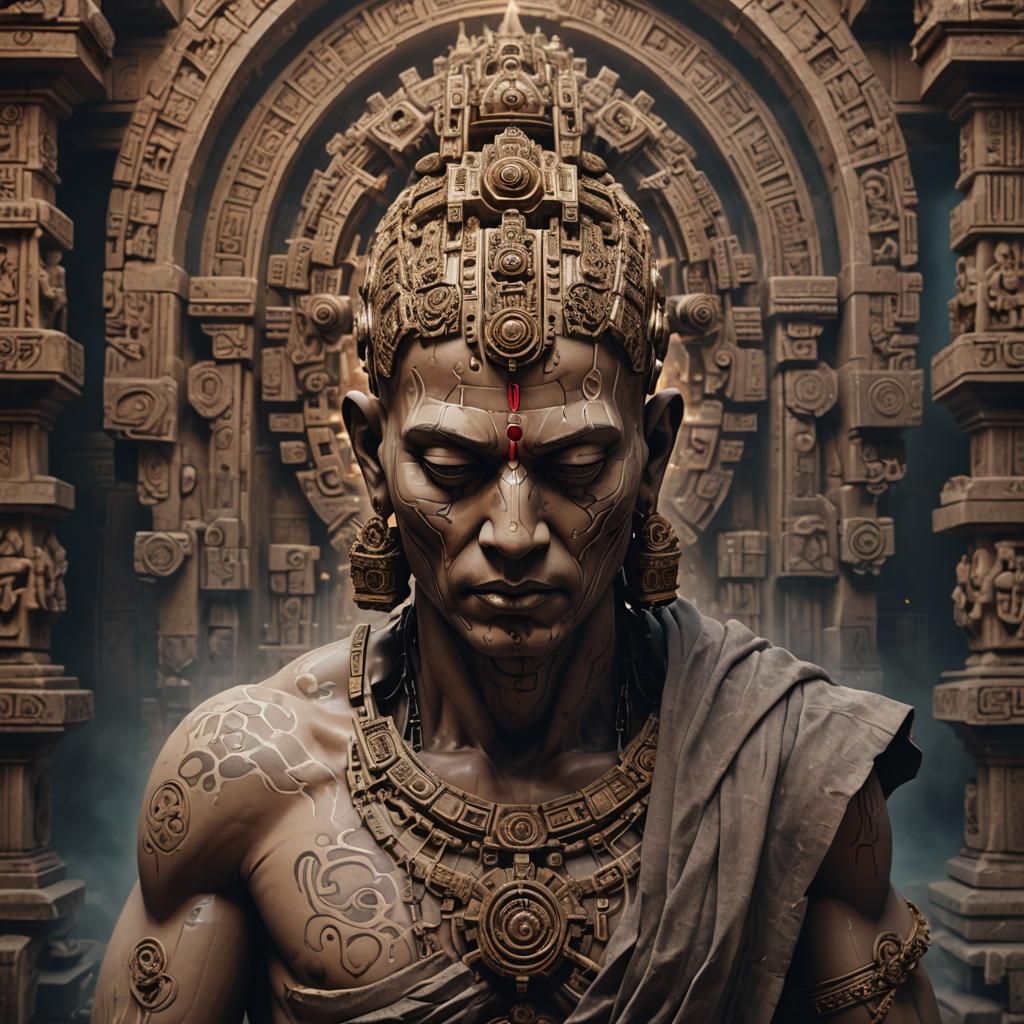 Cybernetic Monk with Temple in Dark Colors