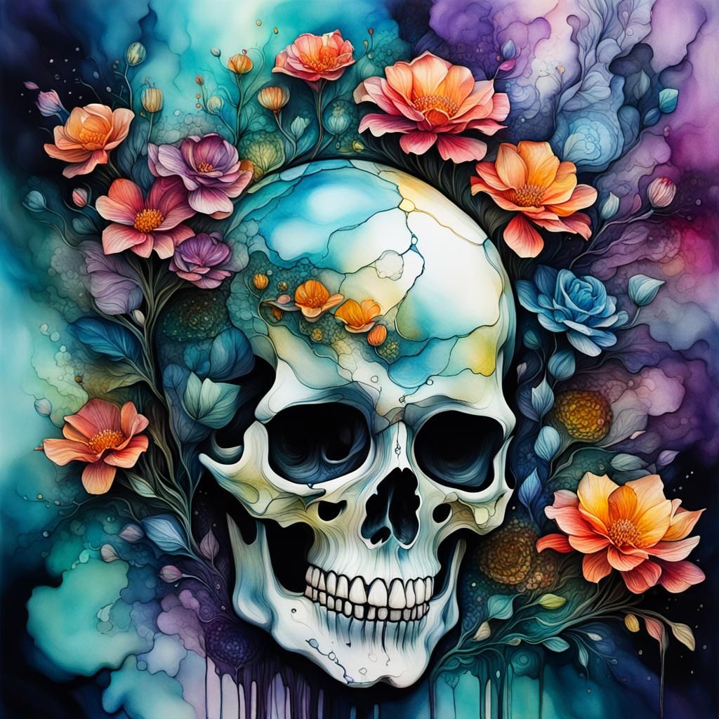 Surreal Alcohol Ink Skull Landscape with Flowers