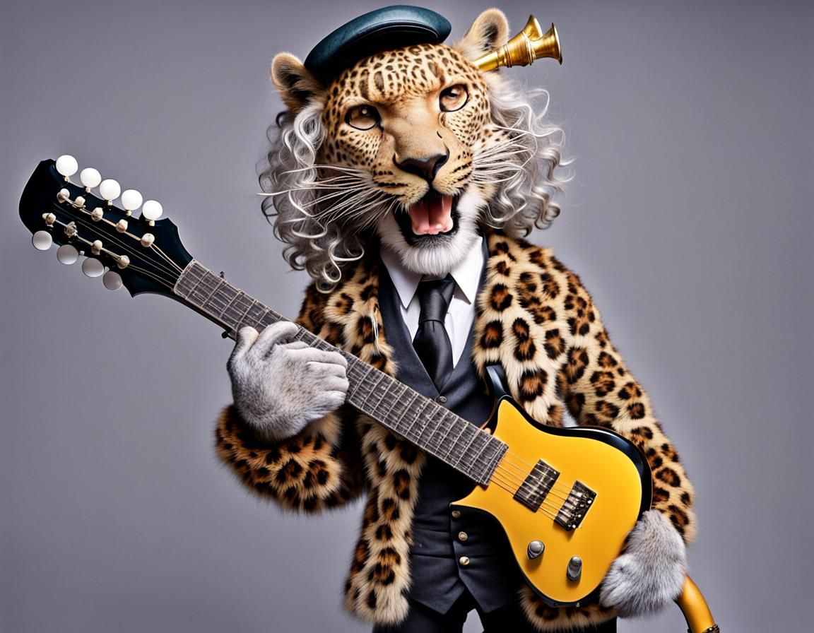 Anthropomorphic Leopard with Guitar and Antique Hearing Aid
