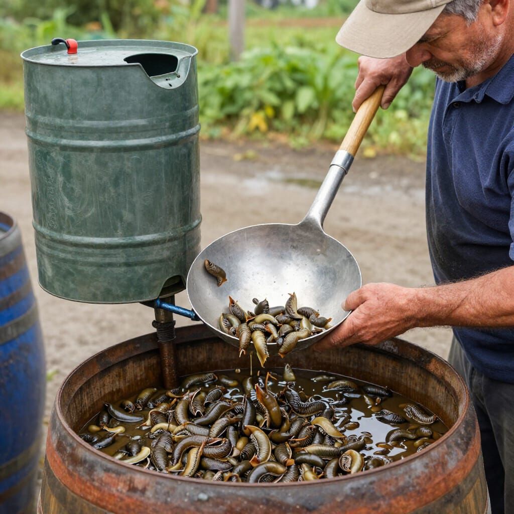 Farmer Collects Slugs into Jerrycan with Spoon and Funnel