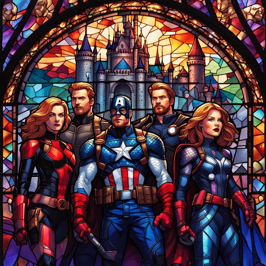 Avengers Assemble in Stained Glass Castle, Fantasy Art