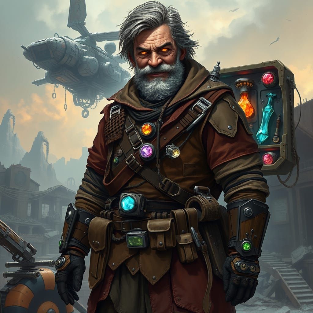 Cyberpunk Merchant in Ruins of a Post-Apocalyptic World