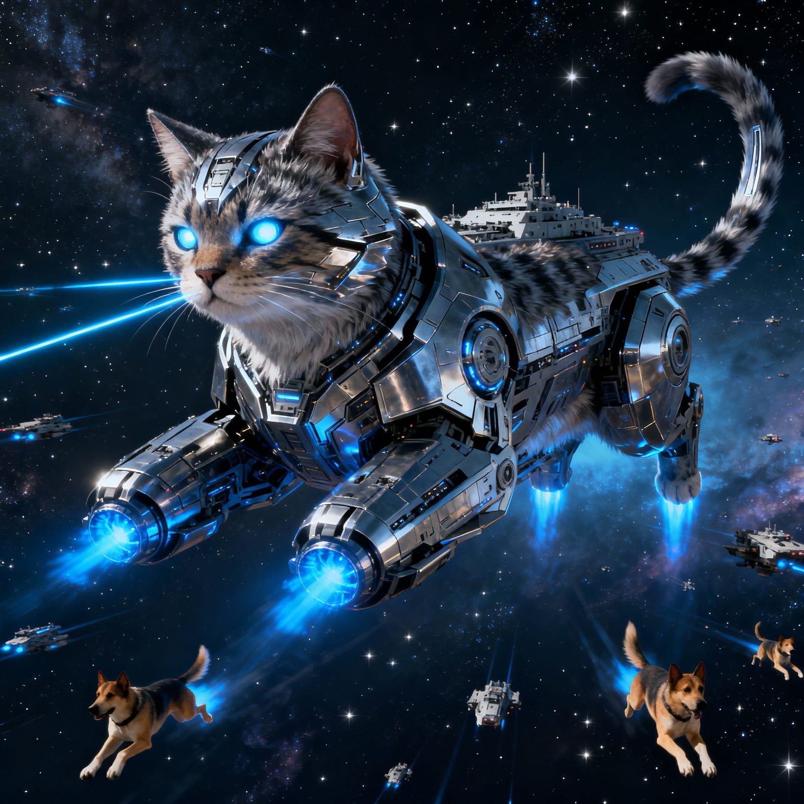 Massive Cat-Shaped Spaceship in Cosmic Battle