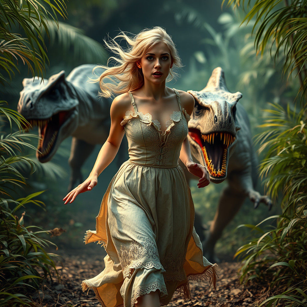 Blond Damsel Running from Dinosaurs in Jungle