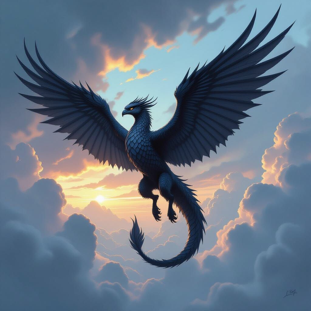 Onyx Griffin Dragon Soaring in Mystical Realism