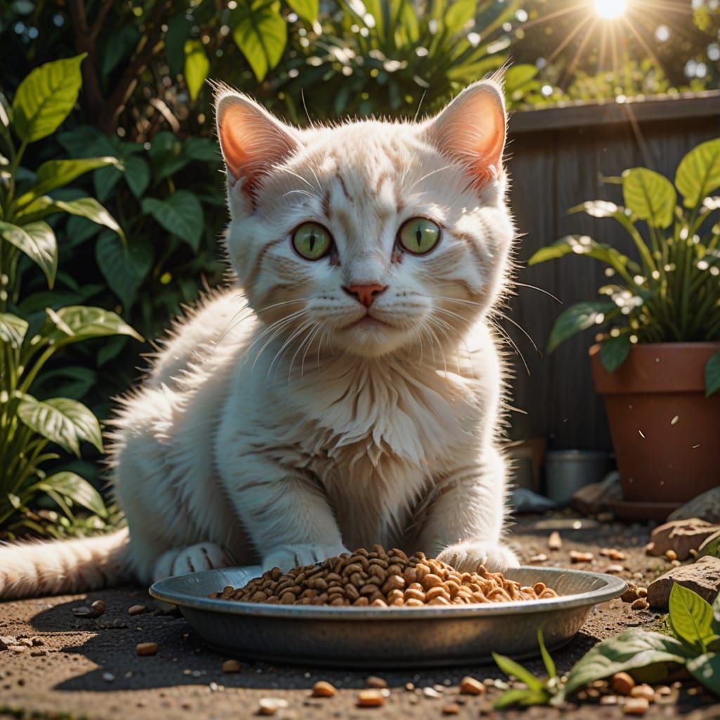 Hyperrealistic Kitten Eating Cat Food in Sun-Drenched Backya...