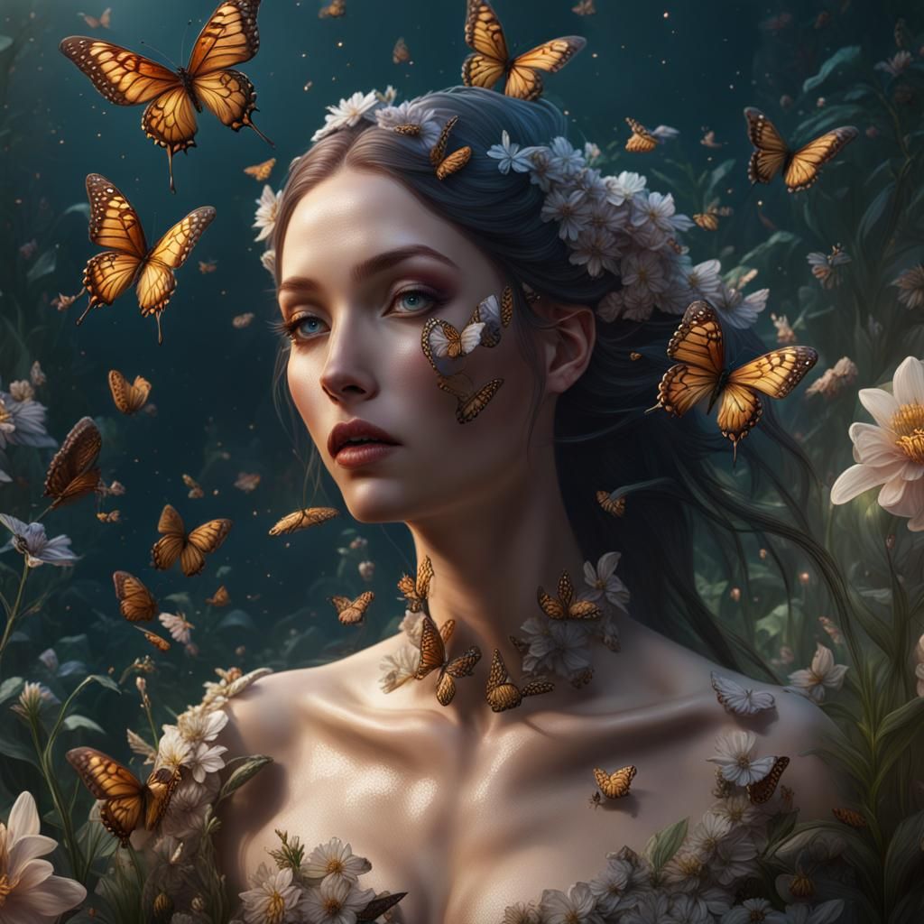 Butterflies Emerge from Heart in Floral Landscape