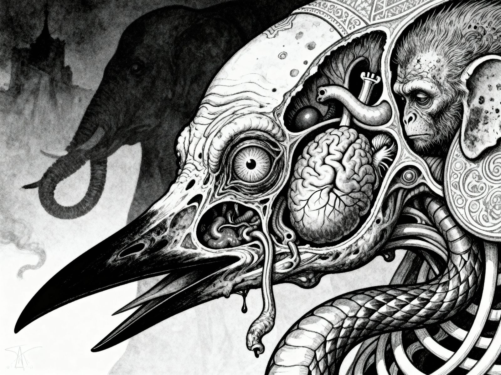 Mutant Indian Organism in Surreal Monochrome Style