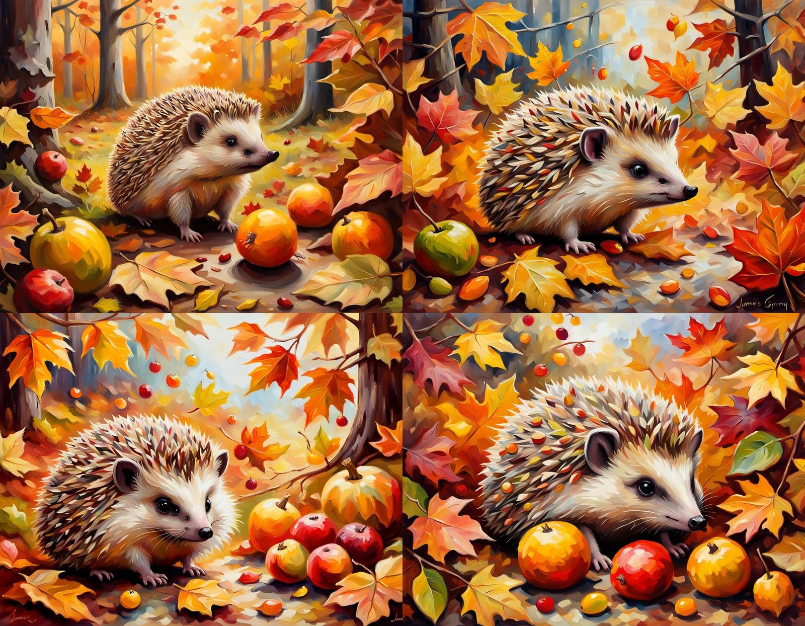 Hedgehog in Autumn Leaves, Oil Painting