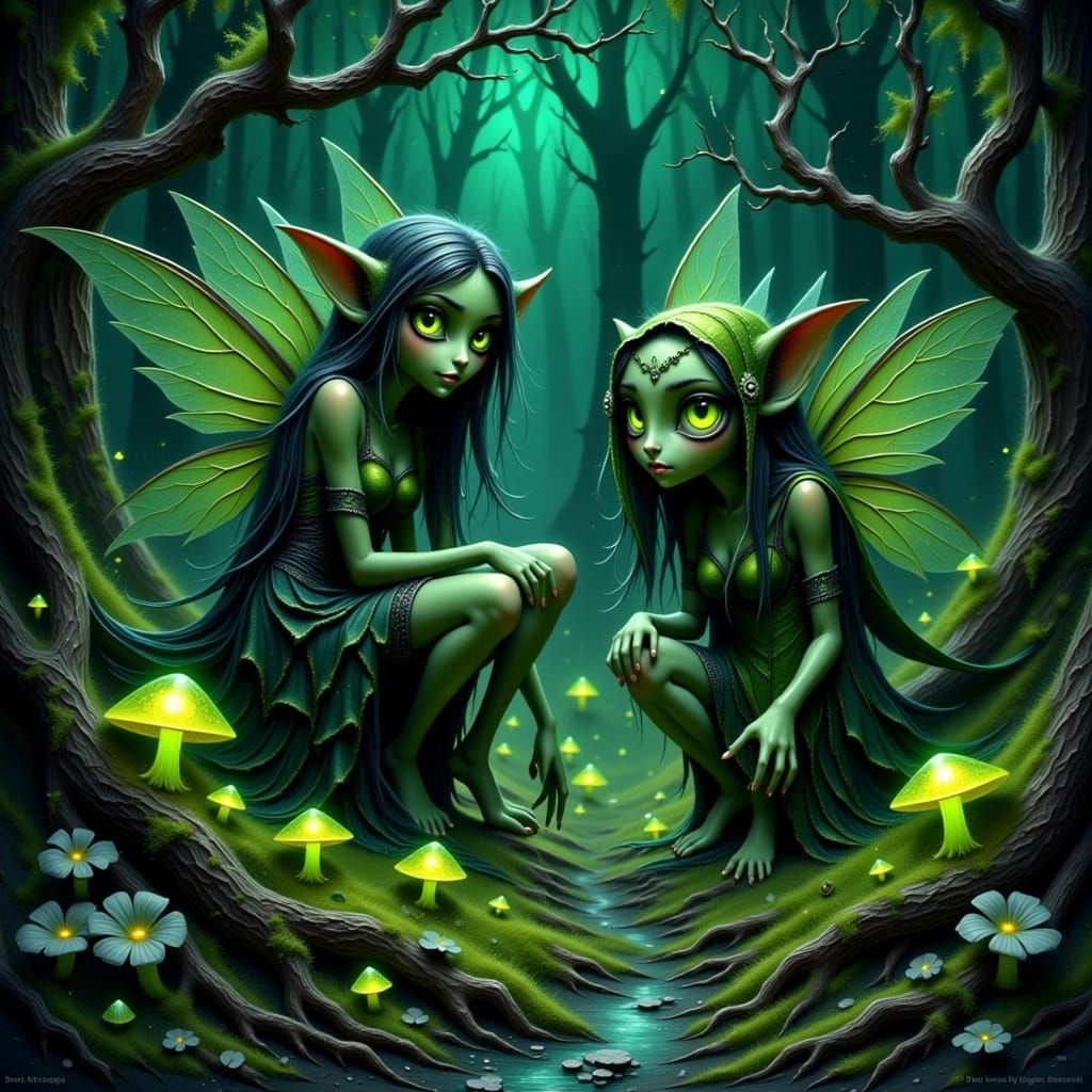 Fae Creatures in Mystical Forest with Luminous Eyes