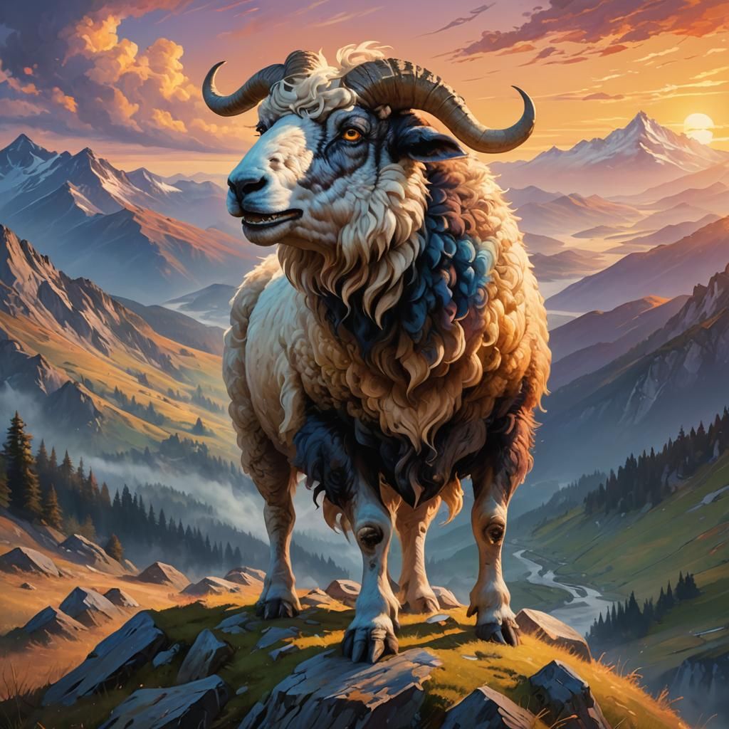 Monstrous Dog-Sheep Hybrid on Misty Mountain, Oil Painting