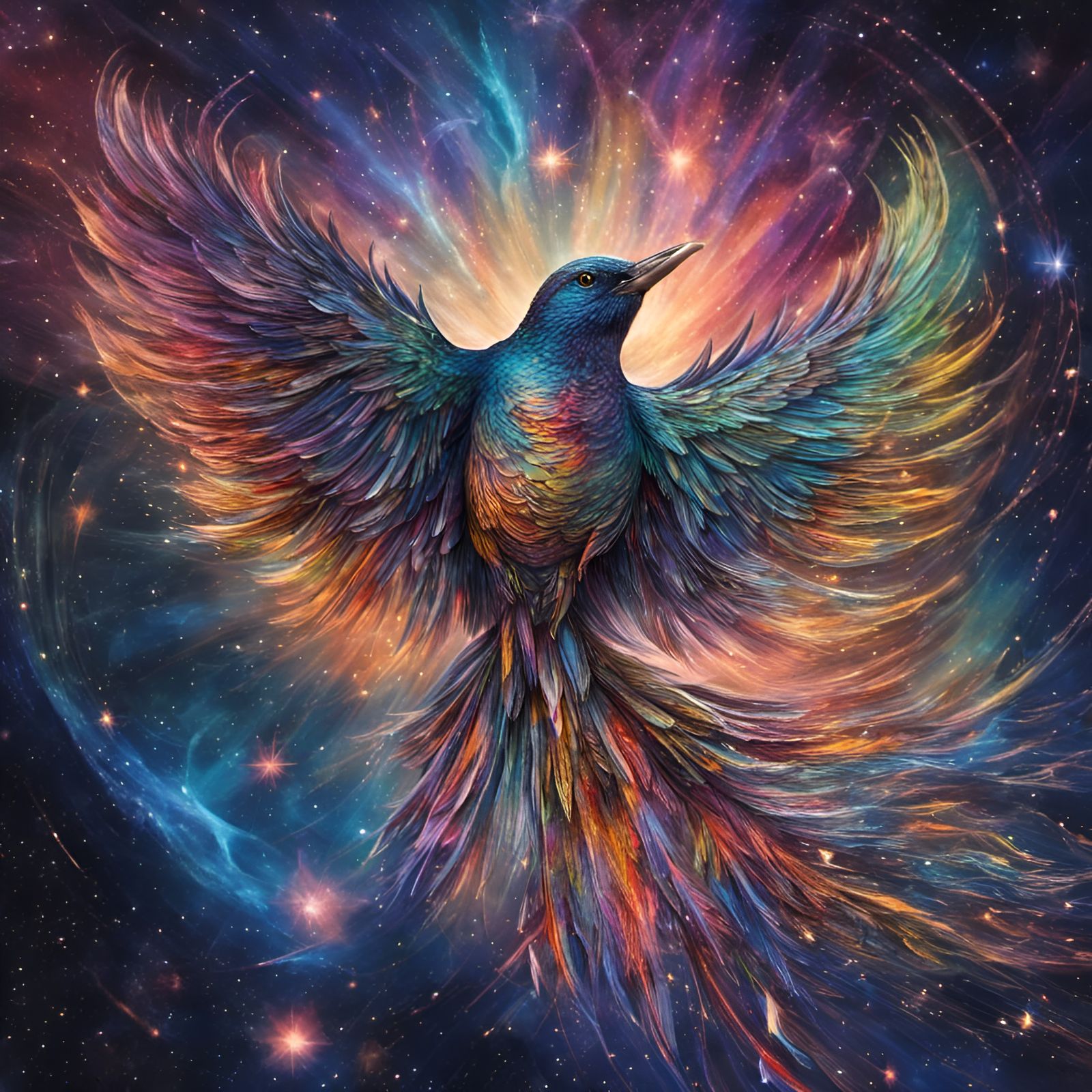Bird Soaring Through Colorful Galactic Cosmos
