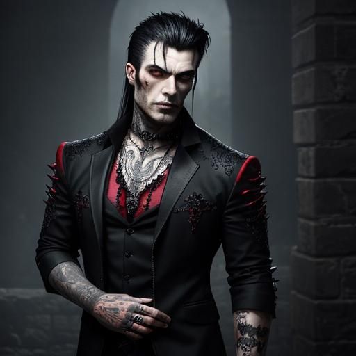 A strikingly handsome, rugged male vampire dons red and black gothic attire amidst a gothic backdrop, his body adorned w...
