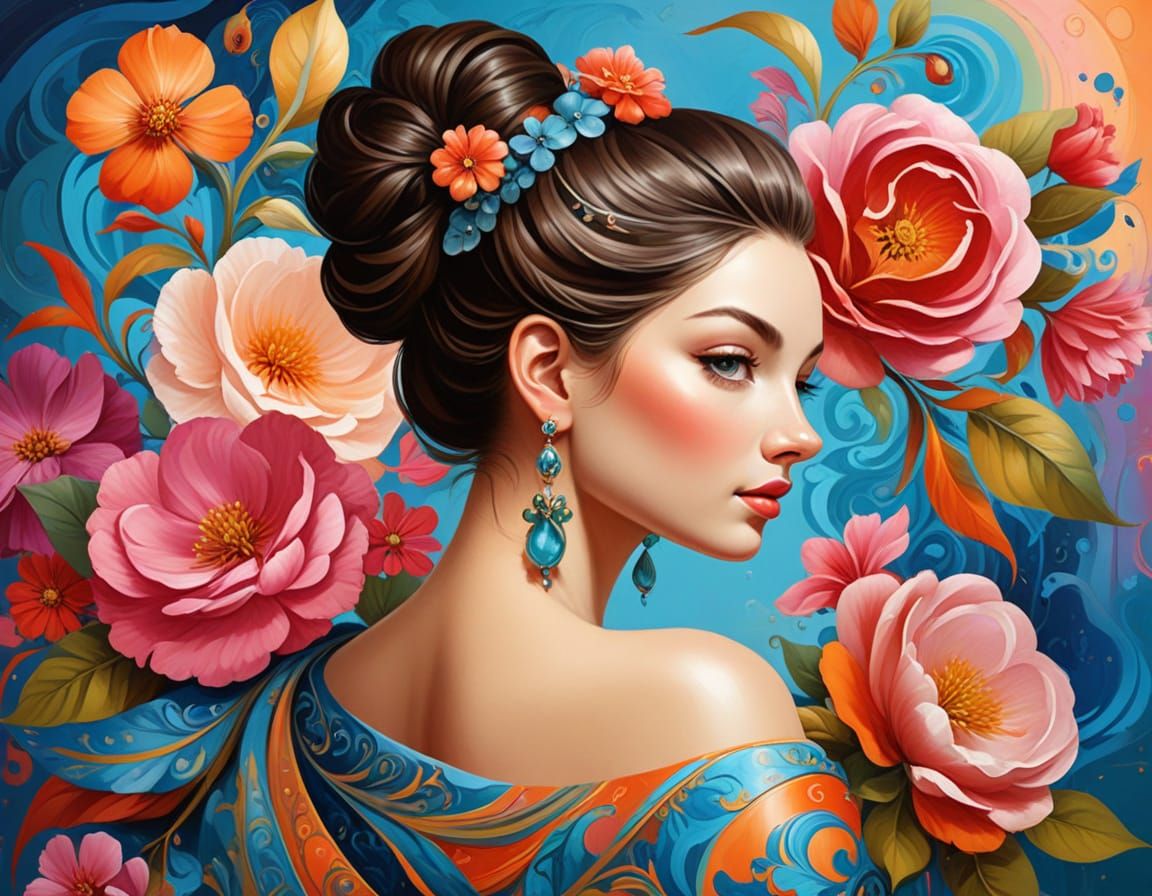 Elegant Woman in Ornate Gown: Gouache Style Portrait