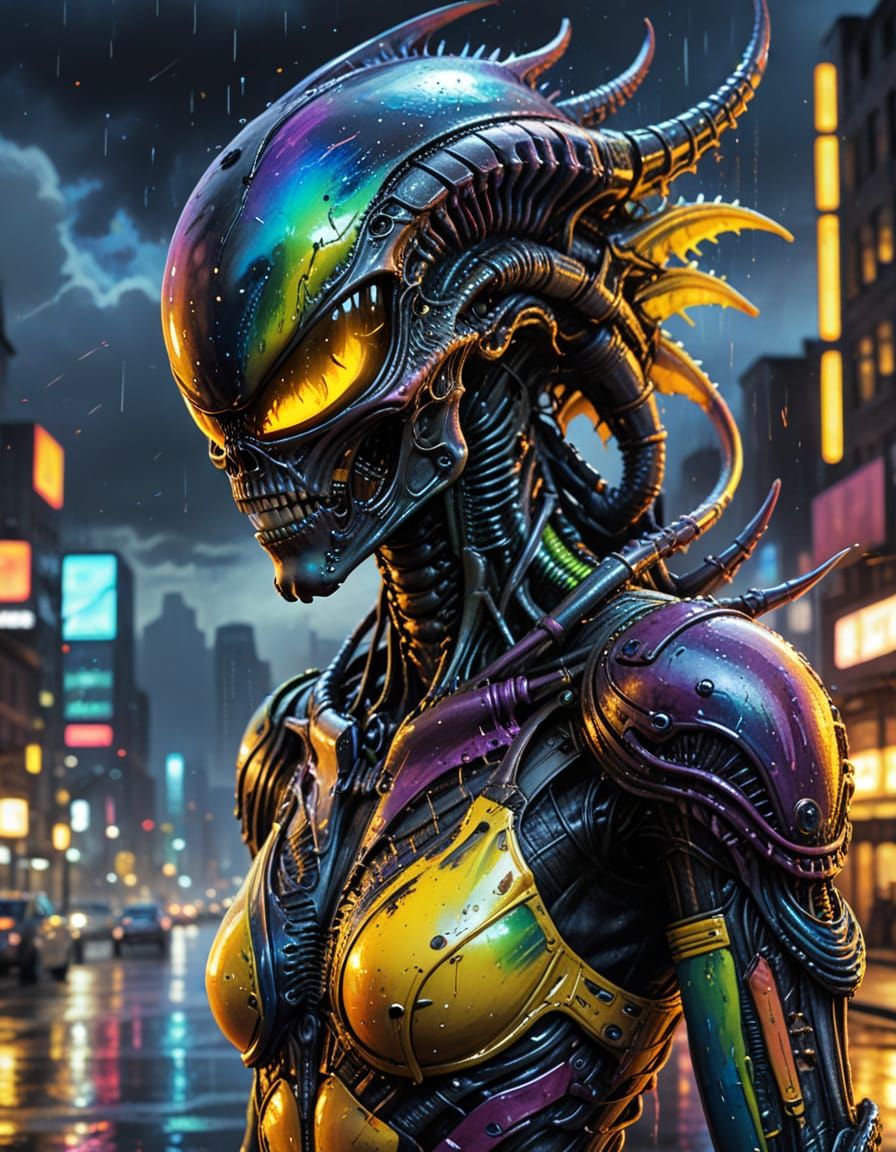 Steampunk Alien in Rainbow Dress with Cityscape