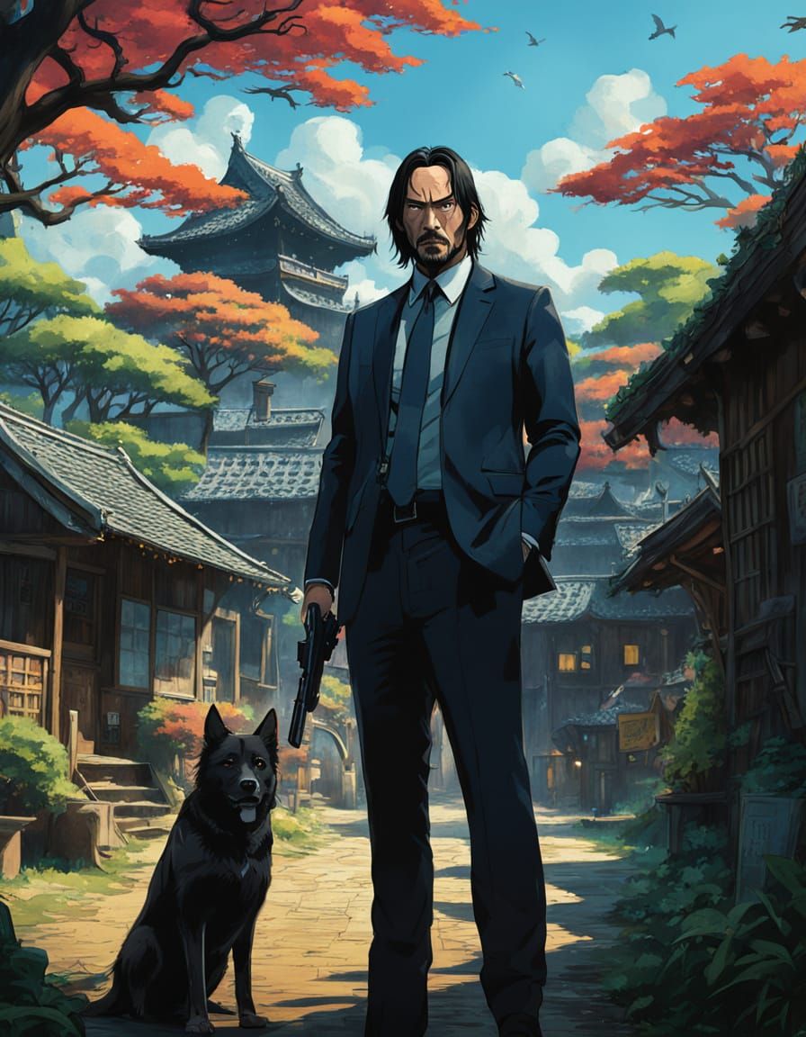 John Wick in a Ghibli Village Action Movie Poster