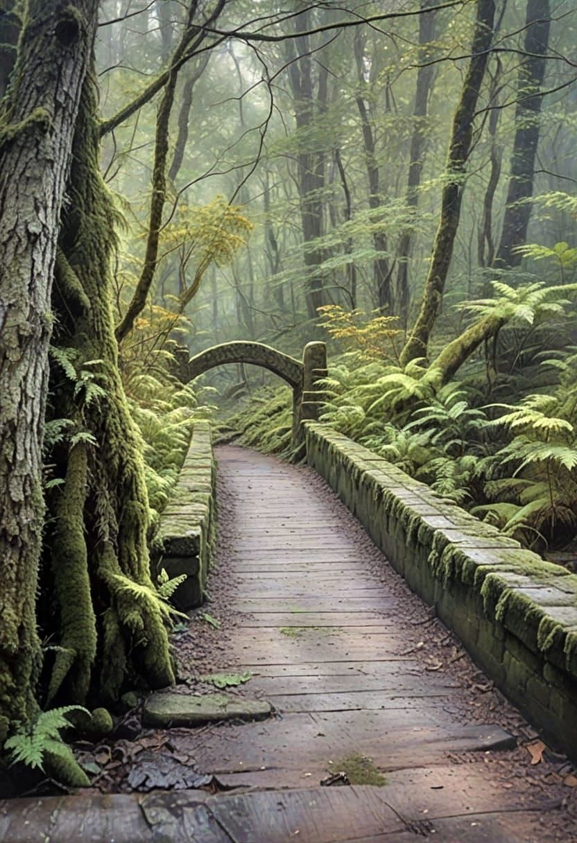 Misty Forest Bridge in Verdant Hues