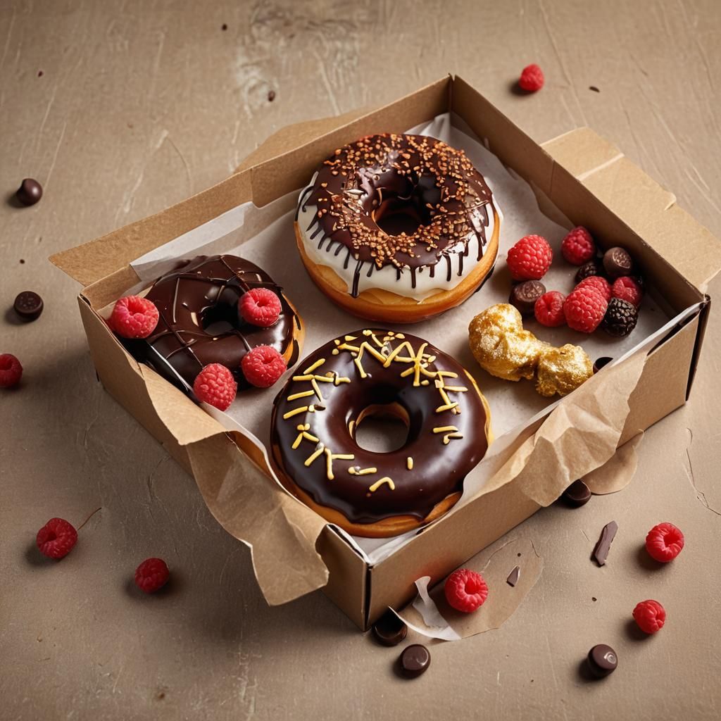 Mouthwatering Donut Still Life with Chocolate and Raspberrie...
