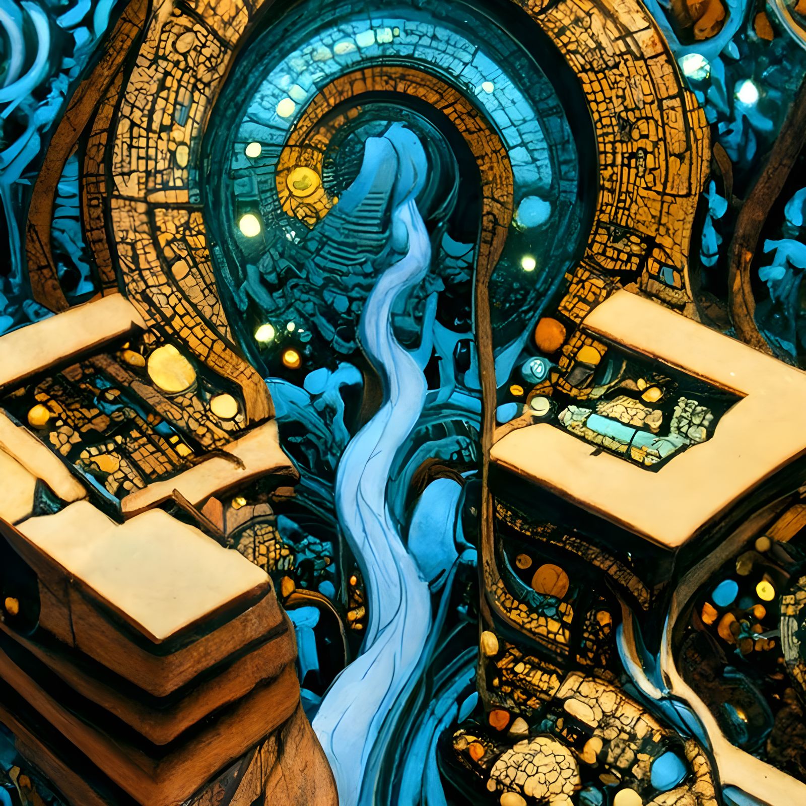 Aztec Ruins and Waterfall in Psychedelic Art Deco Style