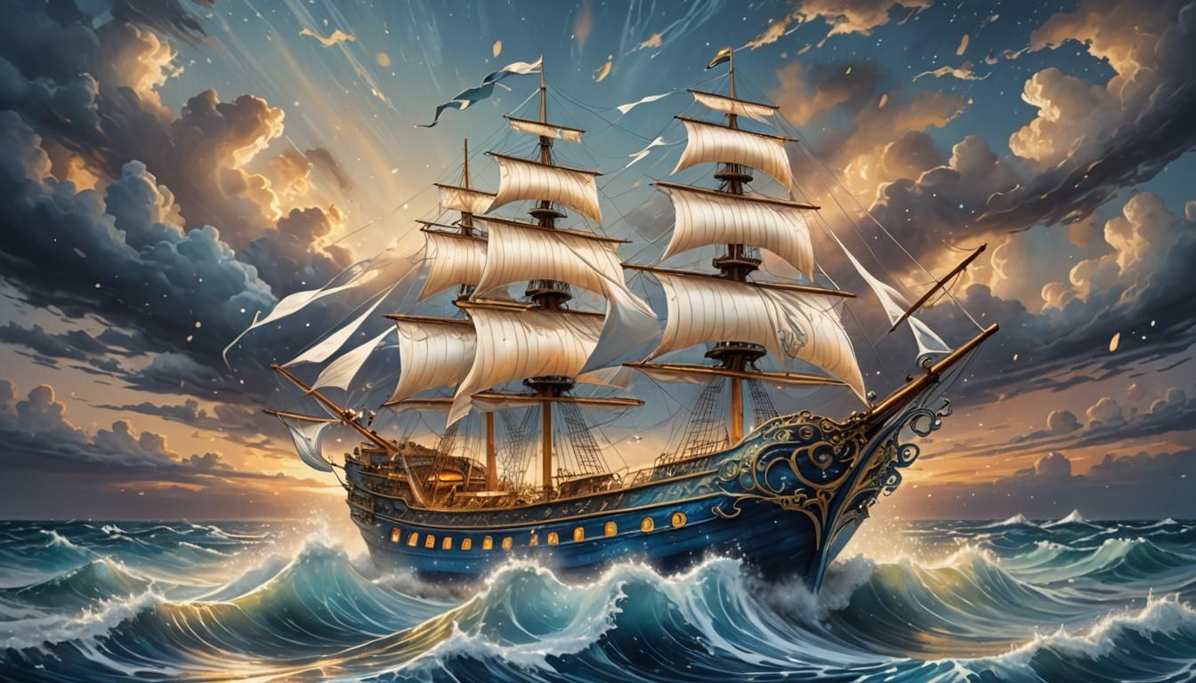 Porcelain Ship Sailing a Stormy Sunset Sea