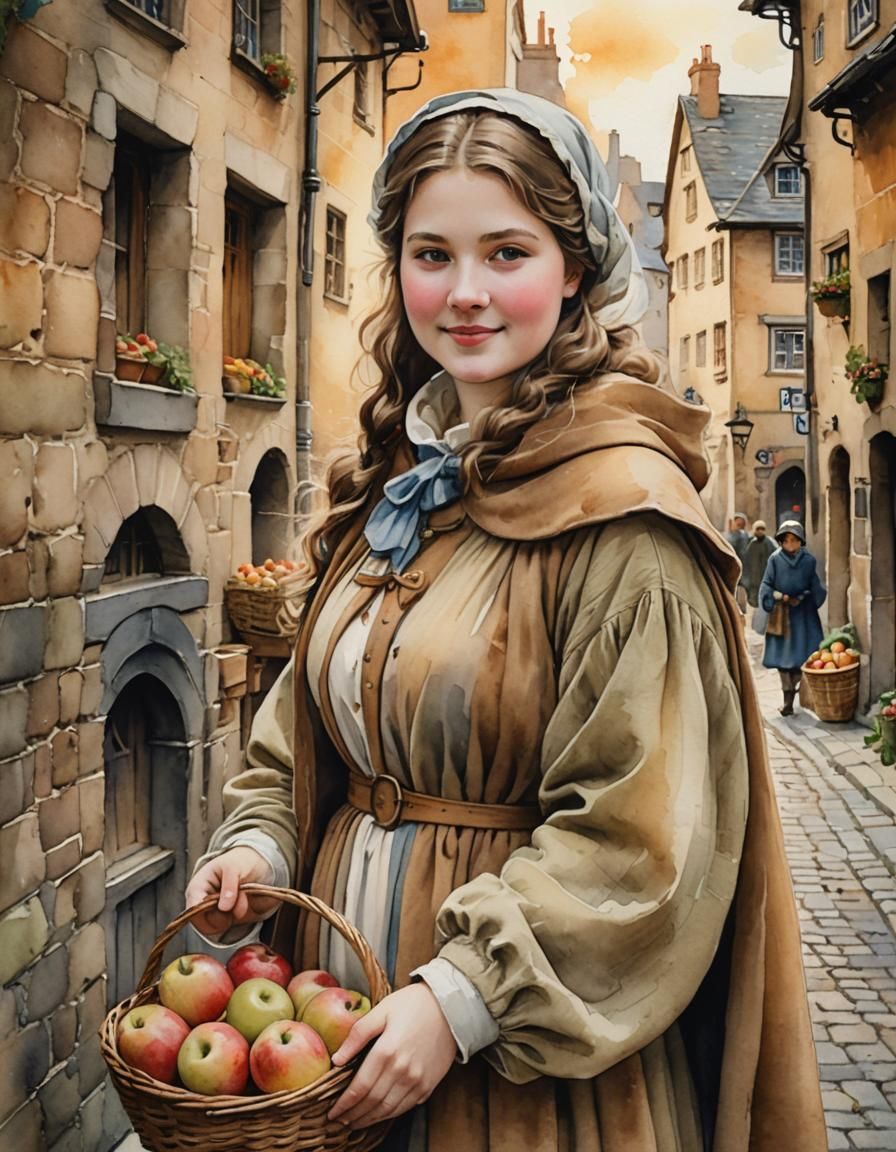 Watercolor Portrait of a Cheerful Peasant Woman