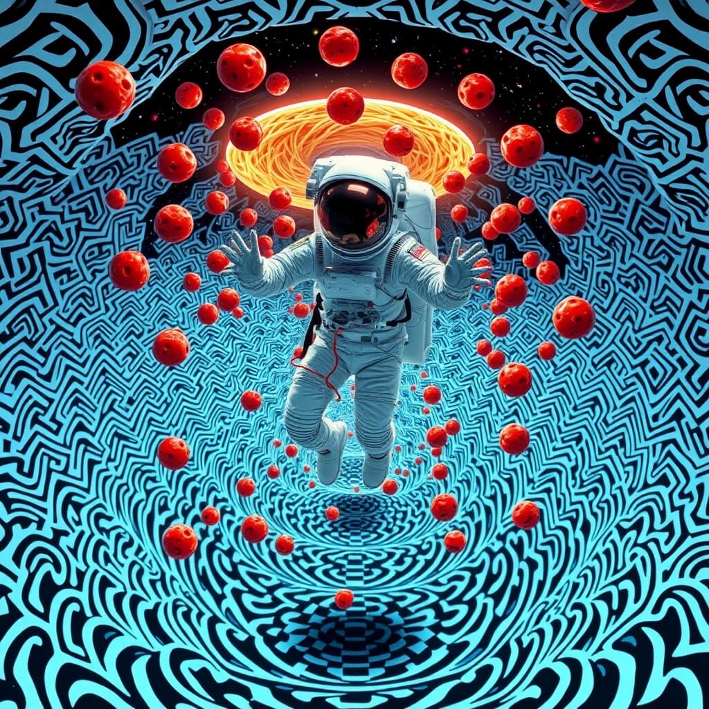 Astronaut's Surreal Spaghetti Meal in Op Art Deco