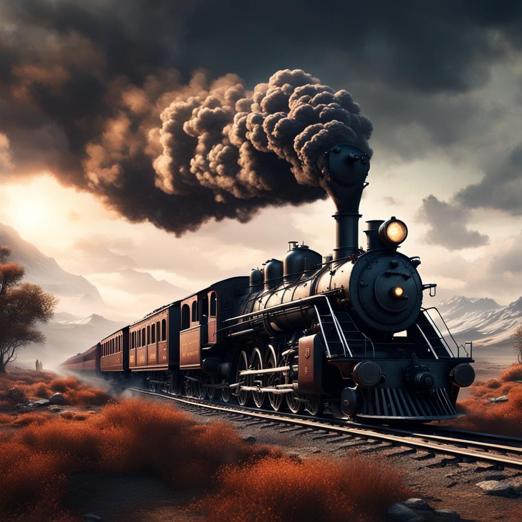 Steam Locomotive in Apocalyptic Landscape: Detailed Matte Pa...
