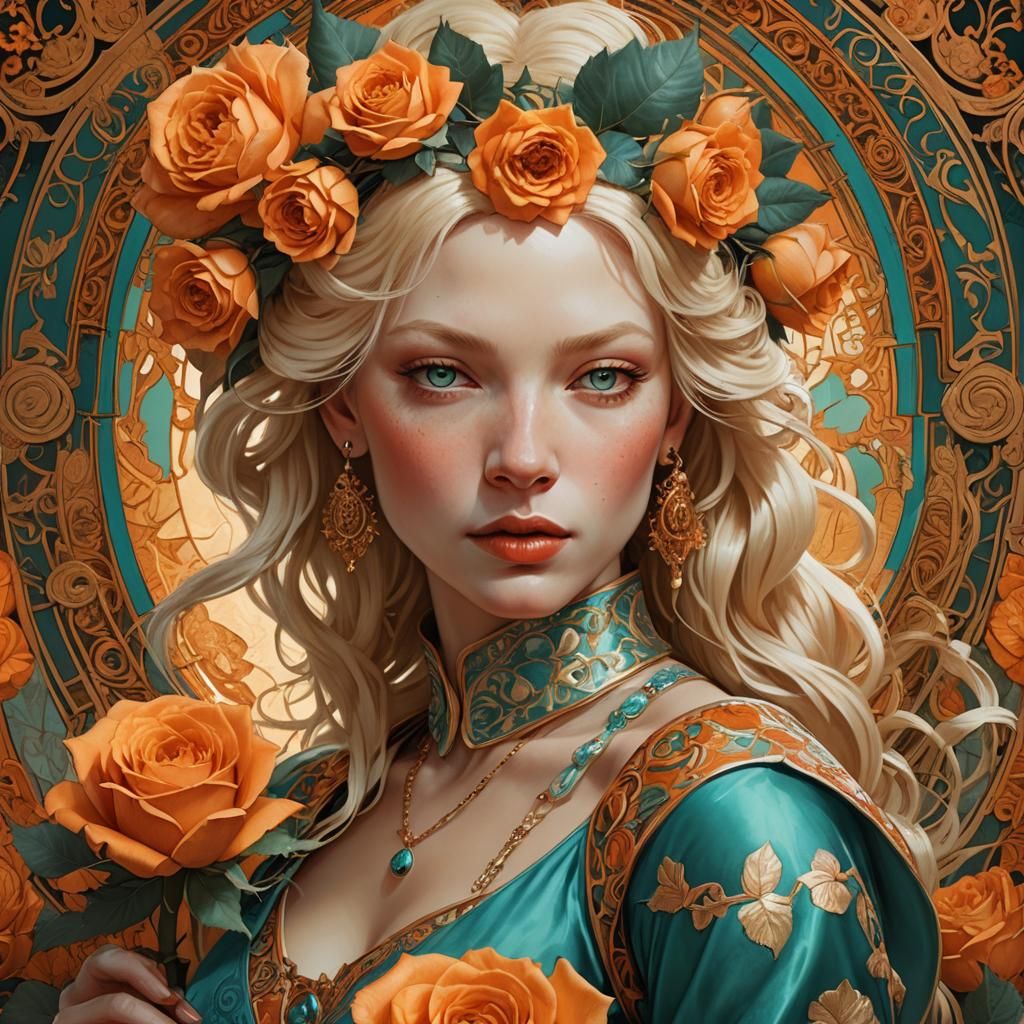 Sultry Albino Femme Fatale in Golden Baroque Attire with Dee...