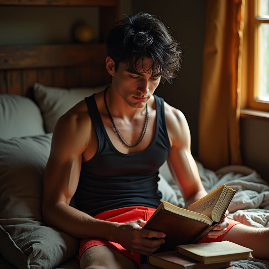 Boy Reading Book in Cozy Bedroom