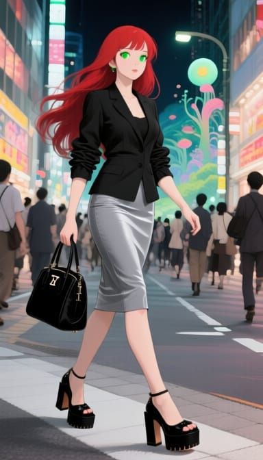 Elegant Woman Shopping in Ginza at Night