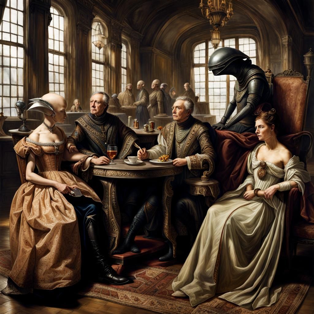 Surreal Alien Restaurant Celebration in Gritty Realism