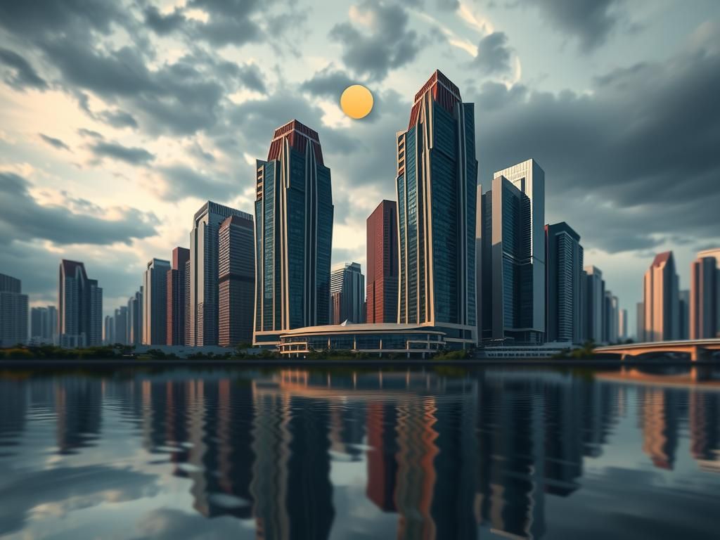 Abstract Skyscrapers Reflected in Lake: Cubist Dreamscape