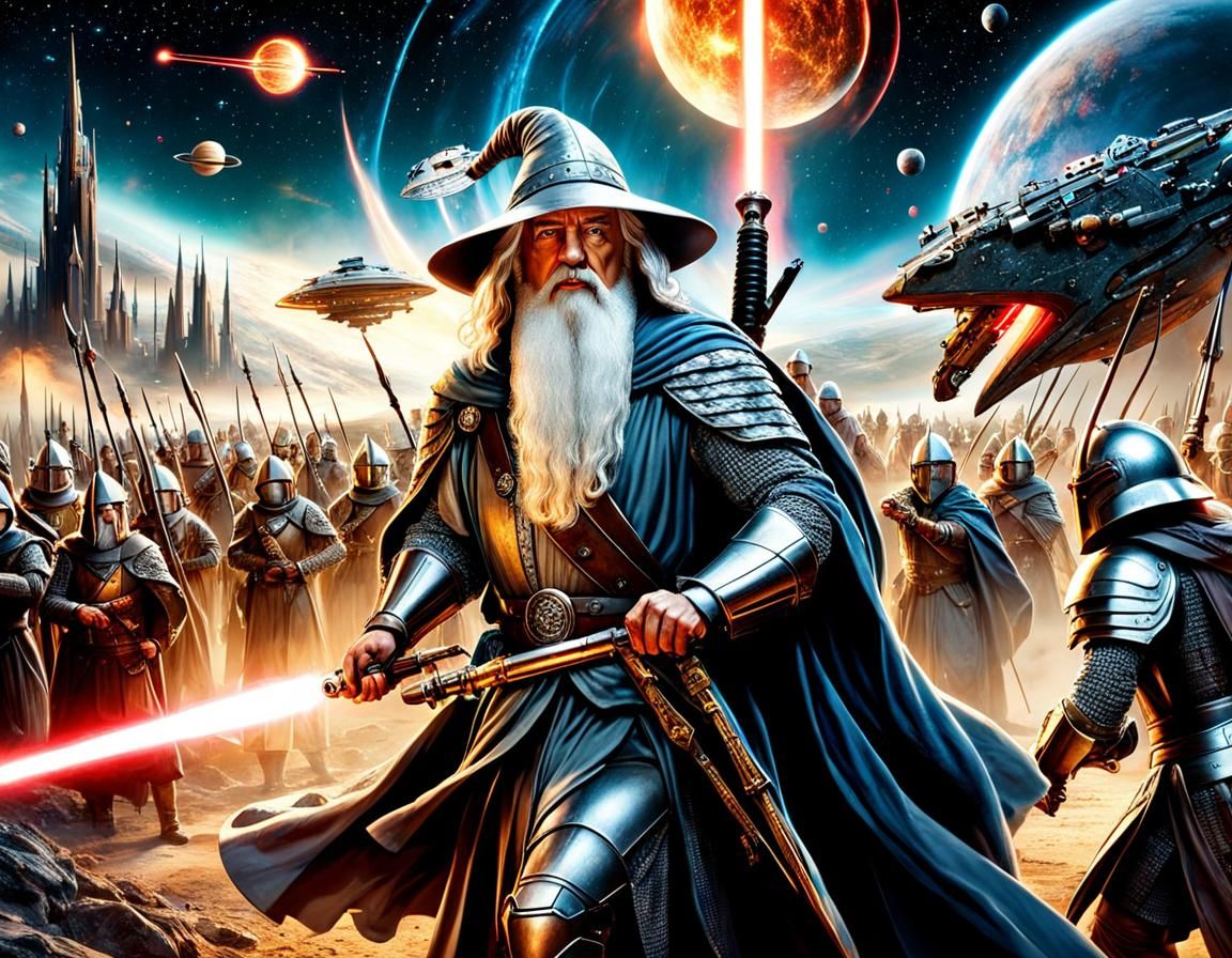Futuristic Robotic Warrior Battles Gandalf in Sci-Fi Scene