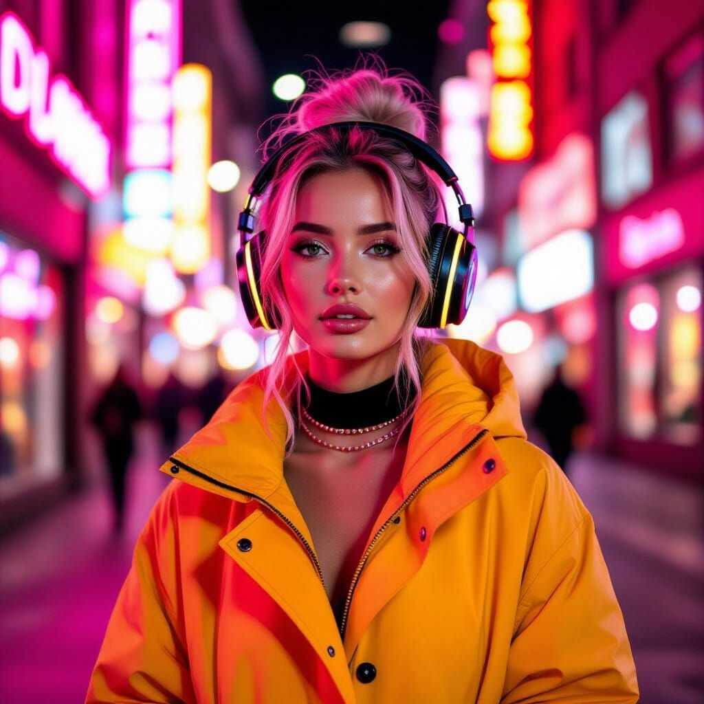 Woman in Neon Cyberpunk City with Yellow Headphones