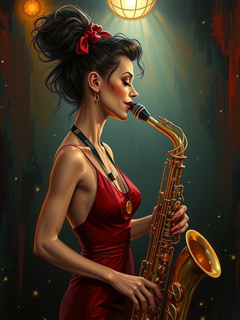 Female Saxophonist in Tim Burton Cartoon Style