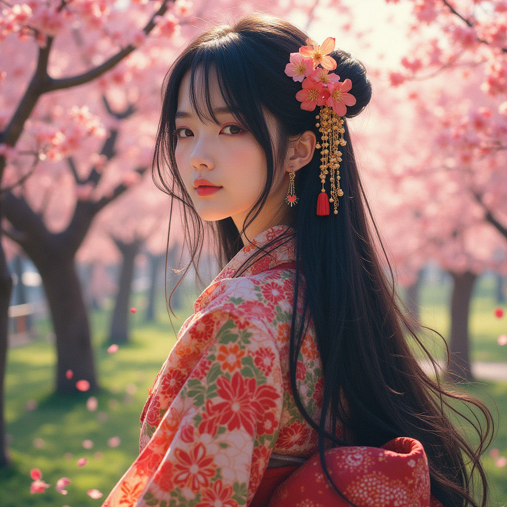 Japanese Woman in Kimono with Cherry Blossoms