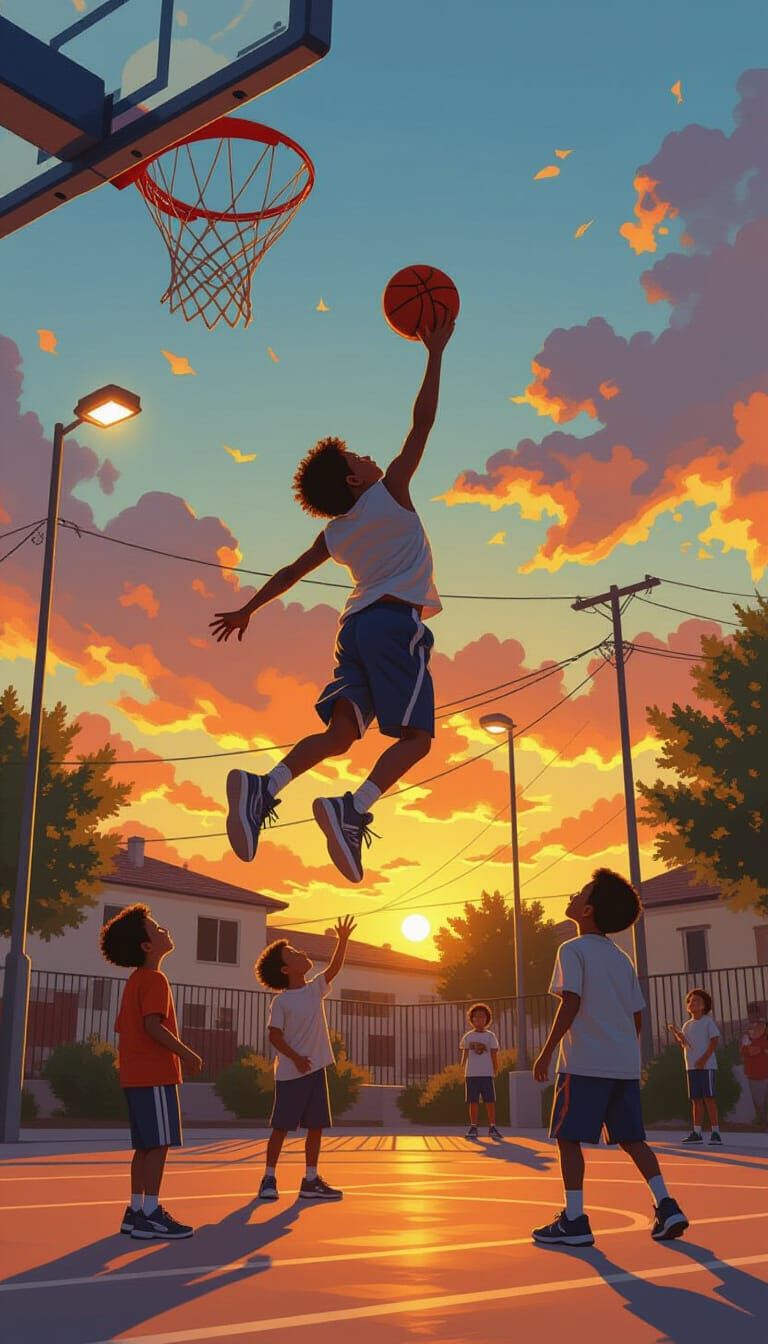 Sunset Basketball Slam Dunk in Futuristic Style