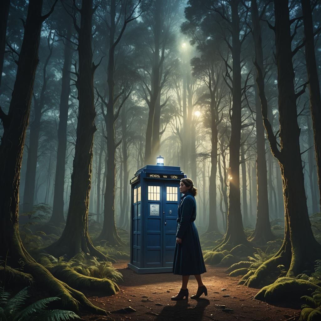 Woman in TARDIS in Forest: Cinematic Oil Painting