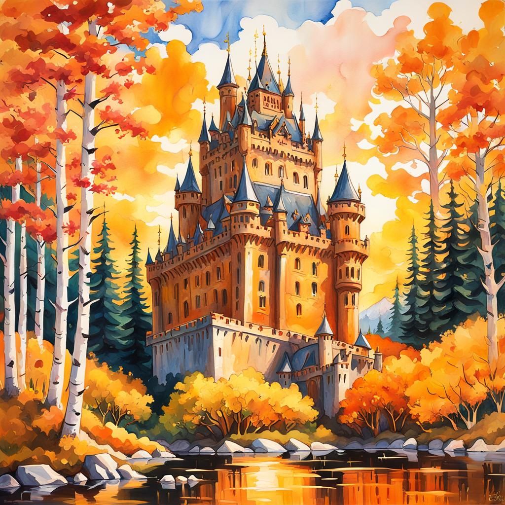 Floating Gothic Castle at Sunset: Impressionist Gouache