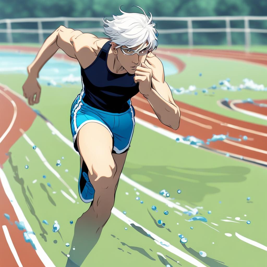 Teen Boy with White Hair Running on Track