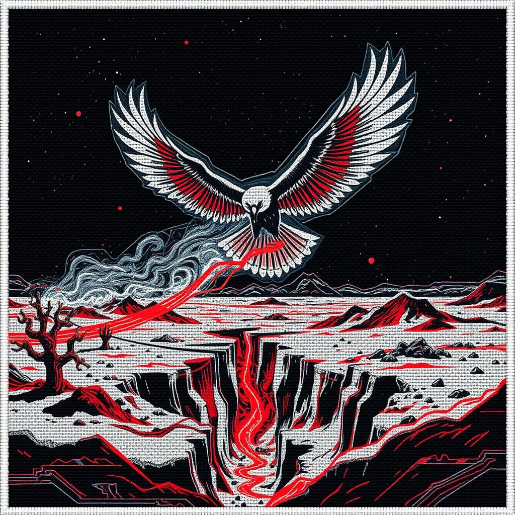 Cosmic Desert Condor in Cross-Stitch Style