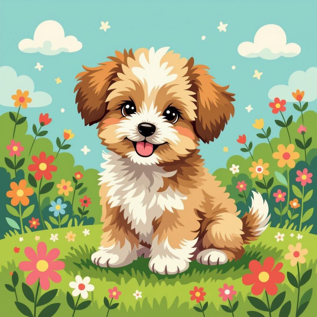 Playful Puppy in Grassy Field, Whimsical Illustration