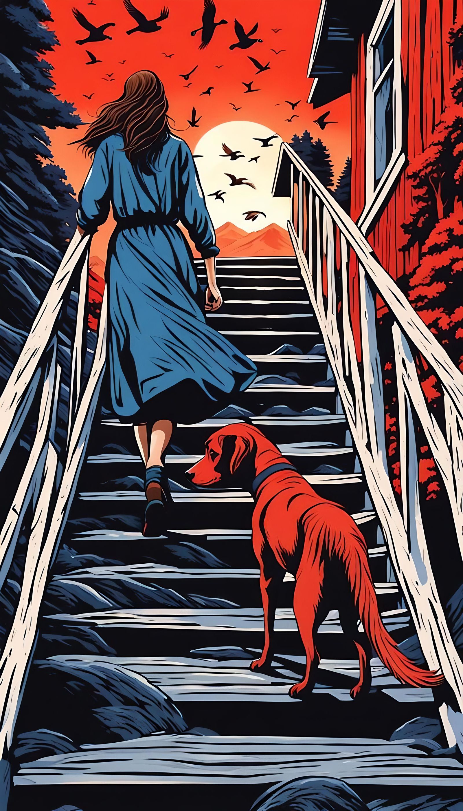 Woman and Dog Climb Mountain Stairs at Sunset
