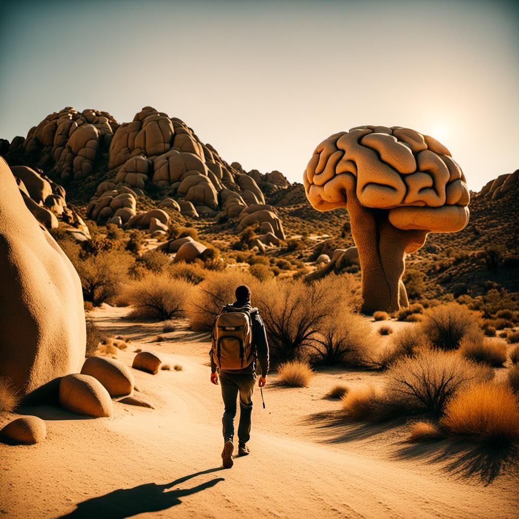 Backpacker in Joshua Tree Toward Brain Sculpture