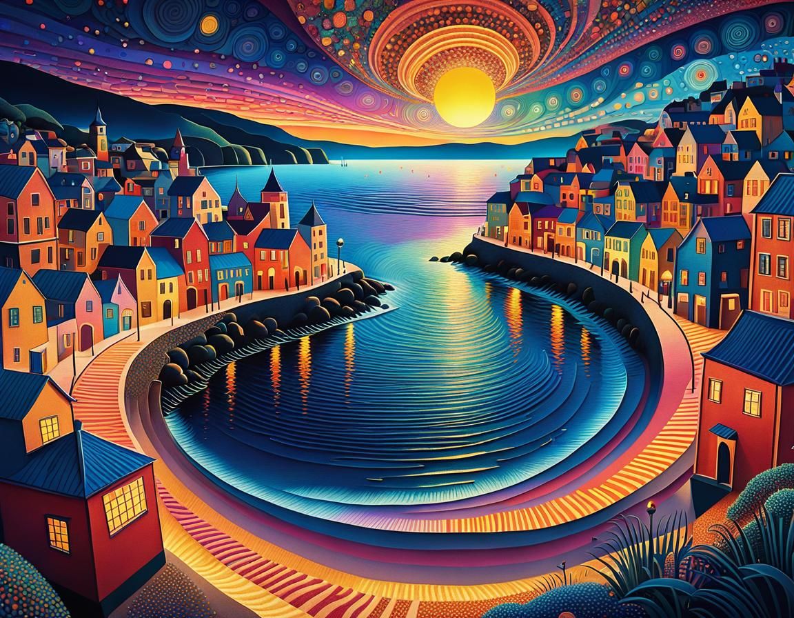 Seaside Town Sunset in Pointillist Abstract Style