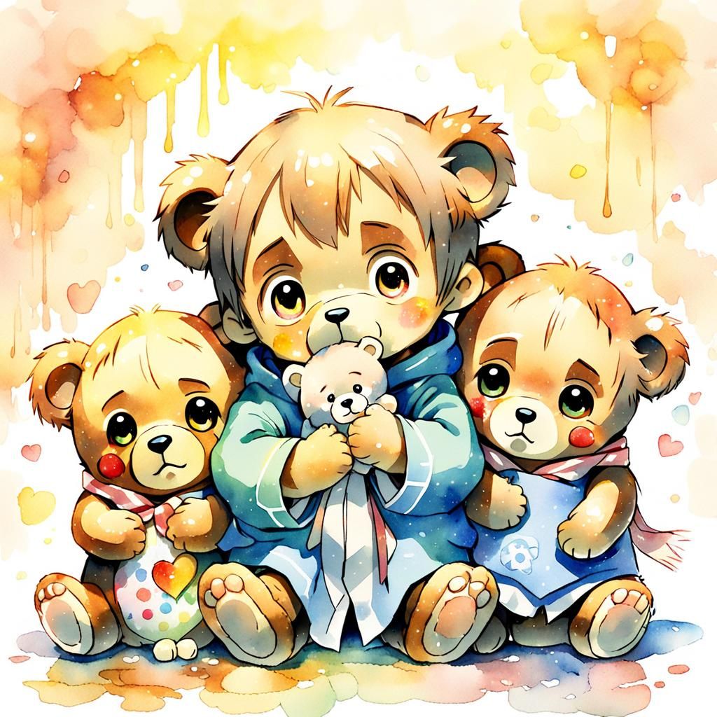 Teddy Bears Cry in Soft Watercolor Anime Style