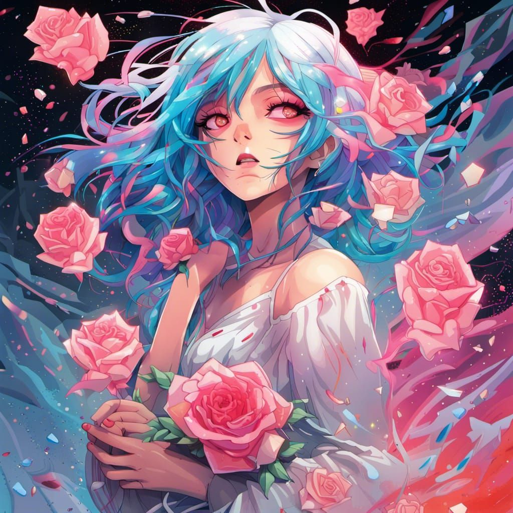 Neon Haired Anime Girl with Crystal Rose