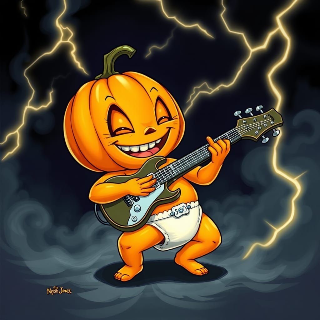 A baby Jack-O'-Lantern wearing a diaper playing the electric guitar