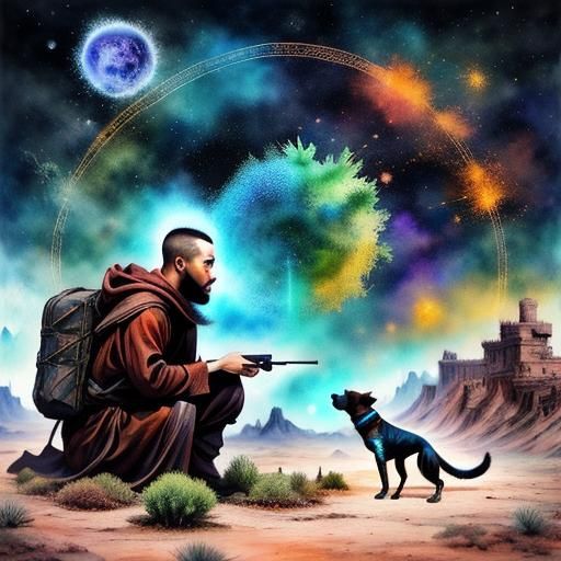 Monk, Dog, and Lizard in Desert Wasteland: Surreal Matte Pai...